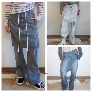 Amy韩国代购SCULPTOR 26春款Apron Layered Denim围裙层叠牛仔裤