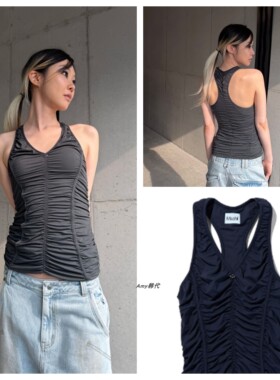 韩国代购mschf 26夏褶皱露肩背心RUCHED HALTER SLEEVELESS TOP