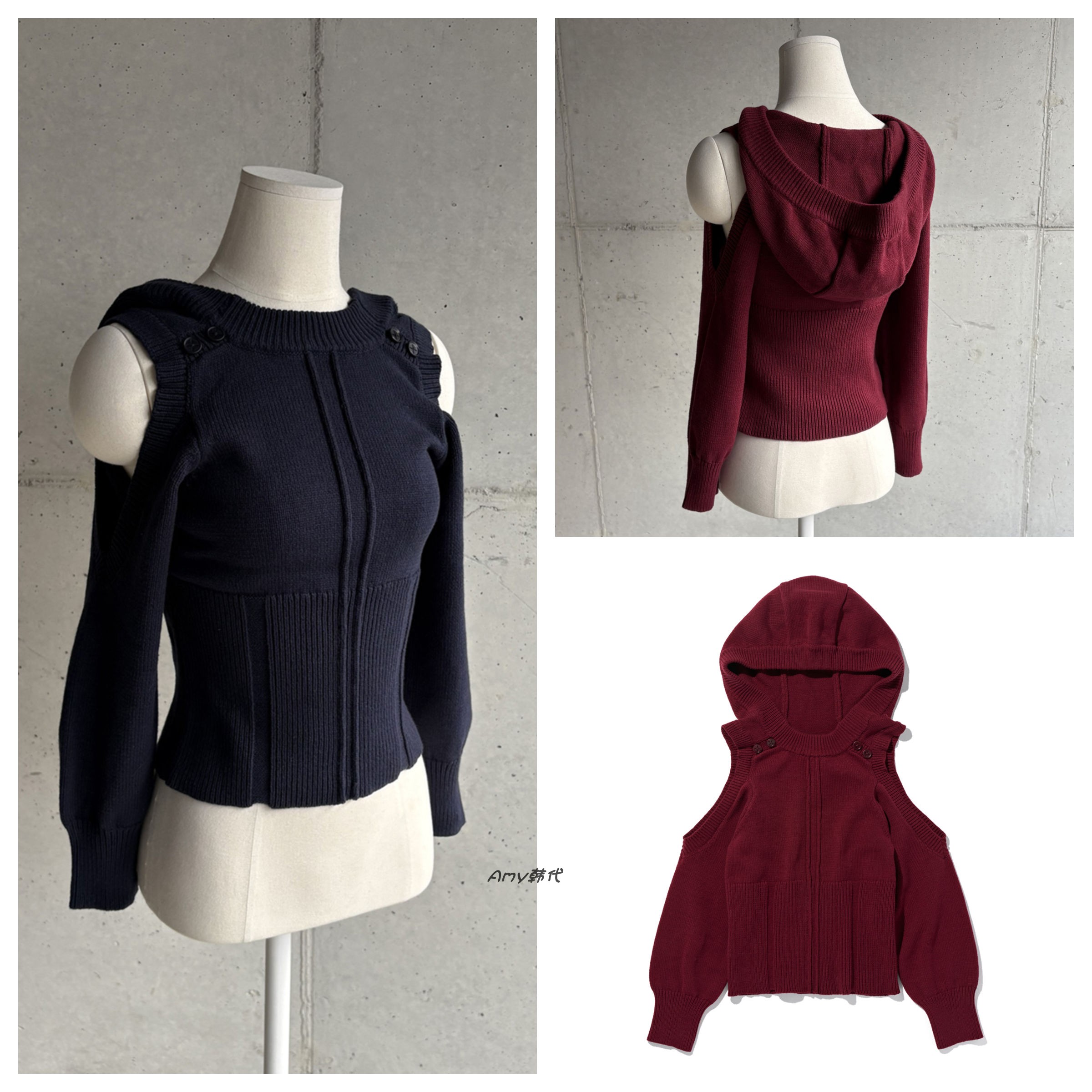 25秋冬Amy韩国代购 mschf 露肩连帽针织衫2色