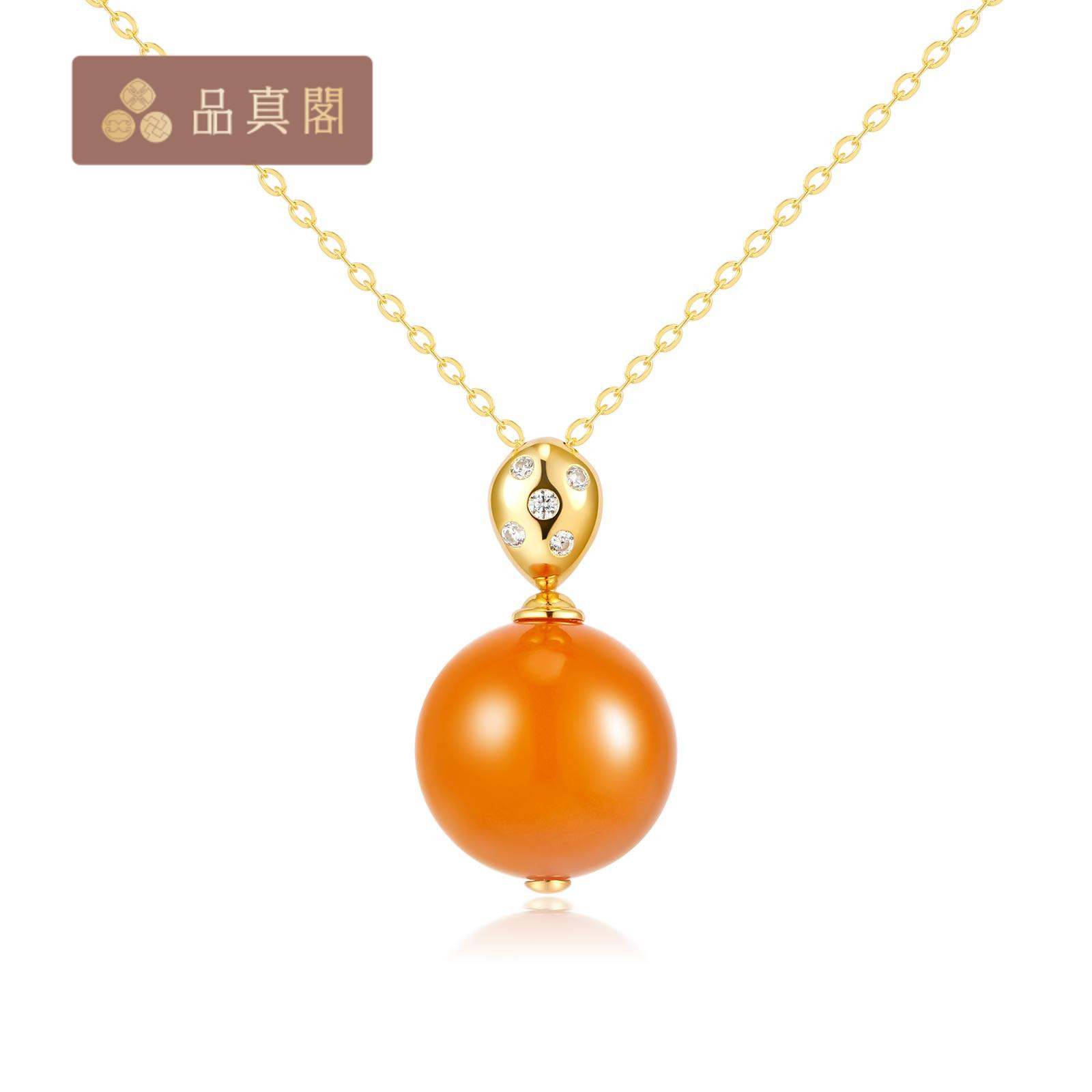 品真阁 S925银琥珀蜜蜡老蜡圆珠项链礼物送妈妈15-16mm