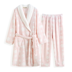 加厚加长保暖珊瑚绒法兰绒毛茸茸睡衣睡袍浴袍 女款 出口 冬季