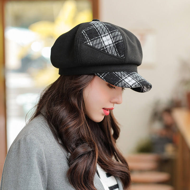 英伦格子气质毛呢八角帽女秋冬季百搭时尚贝雷帽复古学院报童帽子