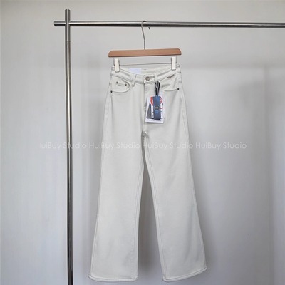 【会buy实拍】加绒不贴腿微喇直筒裤~白色四面弹宽松阔腿牛仔裤冬