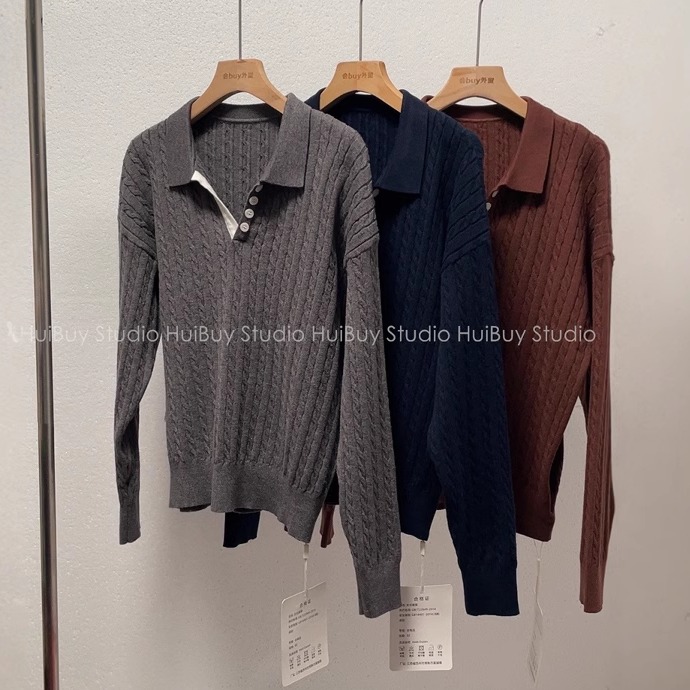 【松驰感/極简/翻领/时髦撞色】纽扣麻花毛衣长袖套头针织衫秋冬