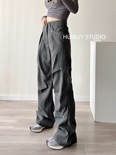拽妹褶皱机能口袋宽松阔腿纸袋裤 女秋季 休闲 裤 力推直筒铆钉工装