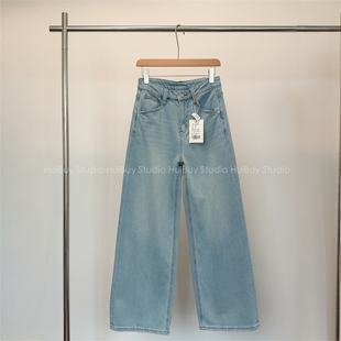 女春夏新高腰显瘦做旧长裤 浅蓝色直筒拖地牛仔短裤 会buy实拍