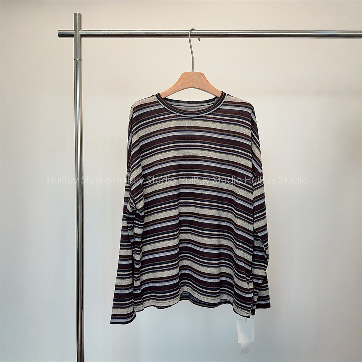 【会buy实拍】条纹针织长袖T恤女圆领打底衫宽松复古慵懒上衣女秋