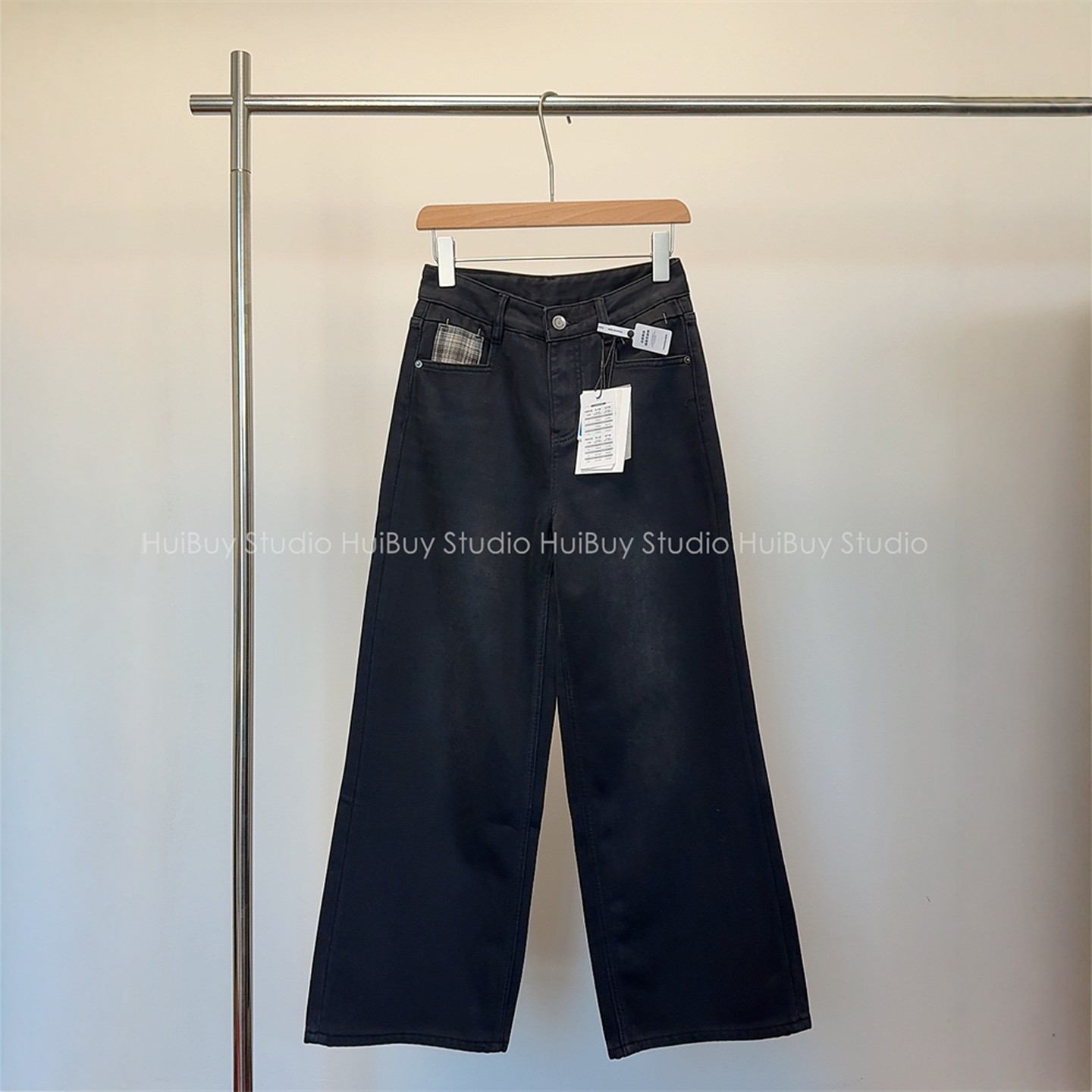 【会buy实拍】复古格纹拼接黑灰植绒牛仔裤女秋冬美式加绒阔腿裤