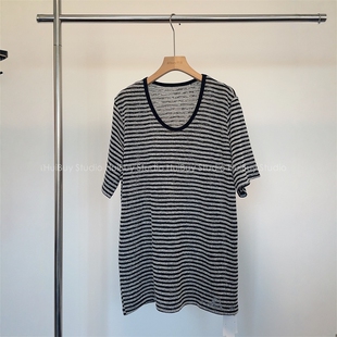 慵懒港风宽松打底衫 欧货 条纹U领短袖 薄款 女 竹节纱肌理感条纹T恤