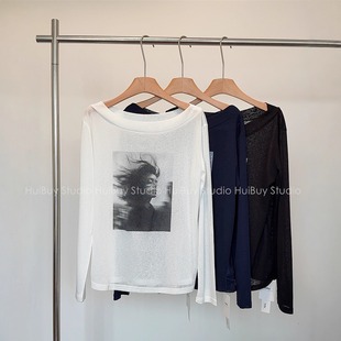 新宽松百搭薄款 印花T恤女夏季 会buy实拍 上衣 可斜肩一字领长袖