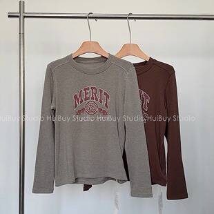 复古小众巨软糯高弹做旧字母印花长袖 薄绒美式 打底T 会buy实拍