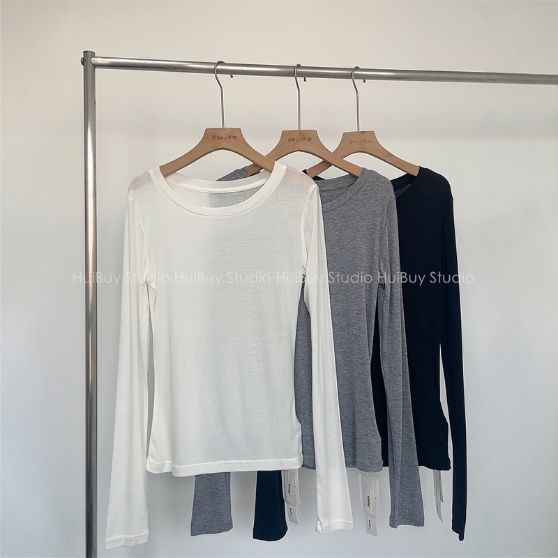 薄款舒适天丝羊毛高弹力打底衫长袖T恤女春季新纯色修身显瘦上衣