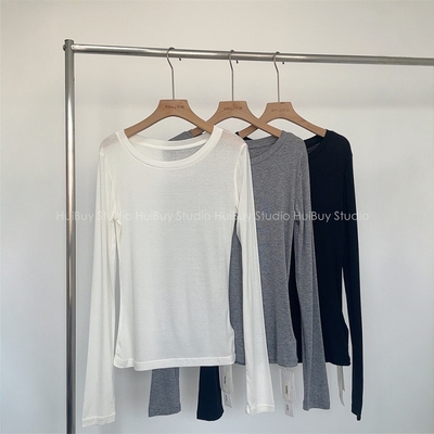 薄款舒适天丝羊毛高弹力打底衫长袖T恤女春季新纯色修身显瘦上衣