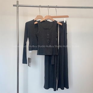 内搭背心 女春新款 开衫 外套 三件套 慵懒休闲时尚 阔腿长裤 宽松套装