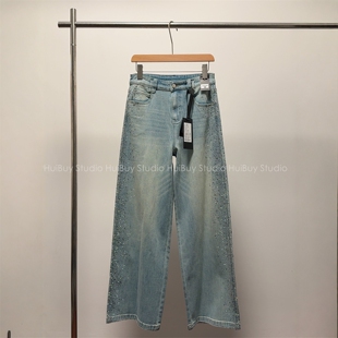 璀璨爆闪侧面烫钻阔腿裤 银河烫钻牛仔裤 浅蓝色长裤 会buy实拍