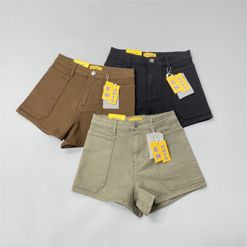 侧边大口袋高腰弹性牛仔短裤