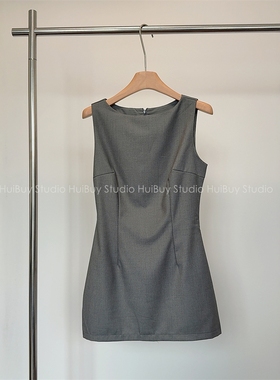 【会buy实拍】灰色圆领无袖连衣裙女御姐OL范气质收腰包臀短裙夏