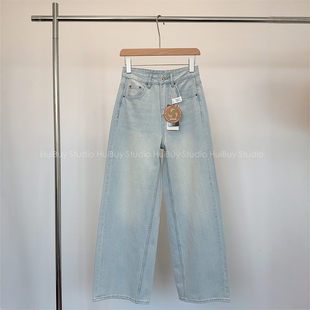 松弛感阔腿长裤 浅蓝色高腰宽松显瘦无弹直筒牛仔裤 会buy实拍