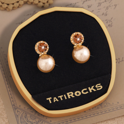 丹麦【设计师】Tatirocks单钻宝石香槟色珍珠耳钉高级感轻奢耳环
