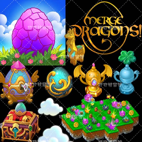 手游合成龙merge dragons 恐龙蛋宝箱素材地块道具植物png透明图
