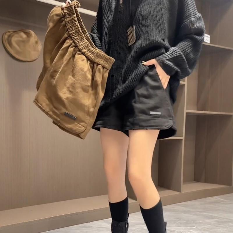 欧货2024秋冬新款时尚百搭松紧腰贴标短裤女宽松显瘦A字版阔腿裤