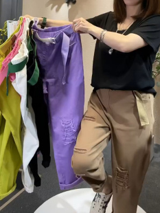 宽松显瘦哈伦裤 欧货2025春季 假破洞老爹裤 高腰带腰带休闲裤 子 新款