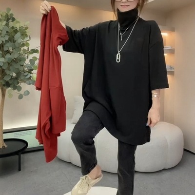 欧货2025秋季新款高领慵懒风宽松套头针织打底衫女半袖中长款上衣