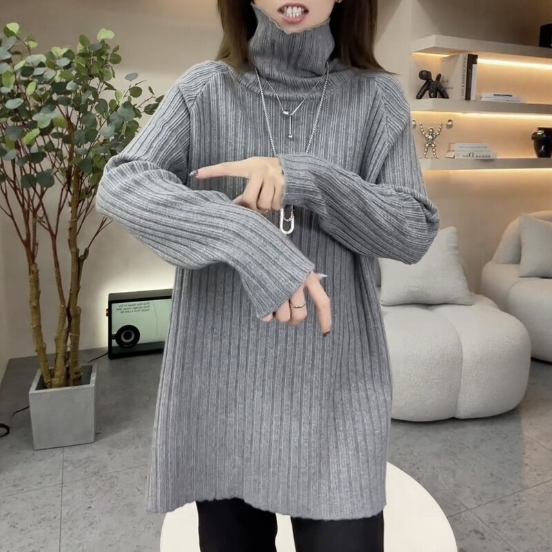 欧货2025冬季新款时尚高领宽松显瘦开叉针织衫女长袖慵懒毛衣上衣,女装/女士精品,毛针织衫,淘宝优惠券,粉丝福利购,淘宝优惠卷