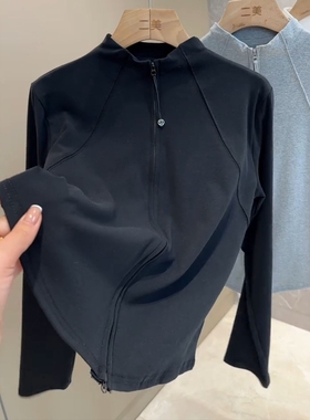 欧货双拉链开衫立领长袖T恤卫衣百搭打底衫女2025秋季修身上衣