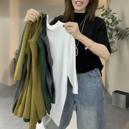 欧货2025春秋新款中领五分袖套头上衣女弹力纯色T恤百搭打底衫女
