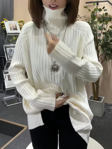 套头高领前短后长针织毛衣