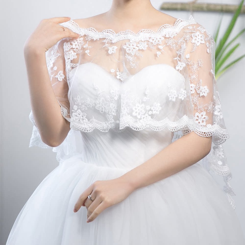 春夏花朵蕾丝边一字肩婚纱披肩