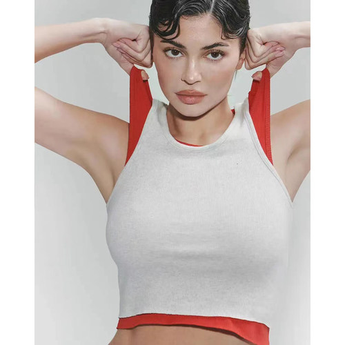 khy CROPPED RAW HEM RIB TANK短款露腰无袖背心吊带凯莉詹娜同款