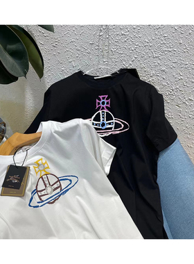 24夏季新款vw西太后蓝色土星印花logo纯棉短半袖T体恤tee宽松男女