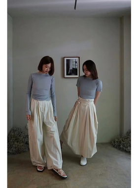 baserange修紧身柔软长袖tee打底衫上衣天丝纯欲风女士木耳边蓝色