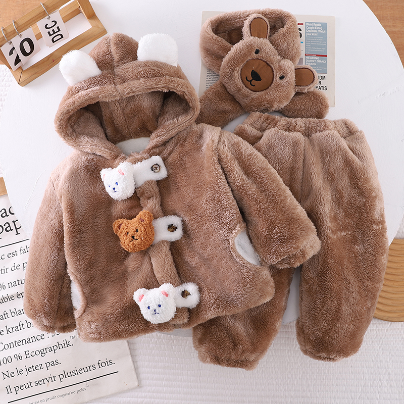 男童冬装1-3女宝宝加绒加厚套装婴儿卡通毛毛衣两件套新生儿外穿2