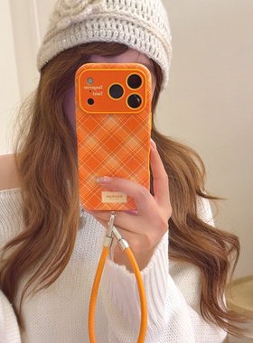 简约橙色菱格纹适用苹果17promax手机壳iphone16皮质15pro新款14大视窗13防摔手链保护套