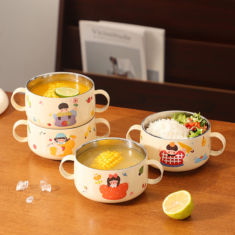 316食品级双耳不锈钢碗儿童带手柄吃饭碗宝宝专用辅食碗防烫防摔