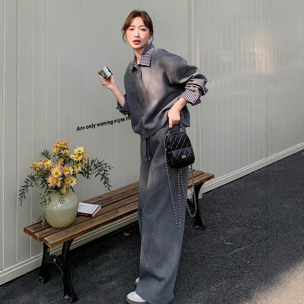 纯棉做工春秋季两件套纯色POLO领卫衣阔腿长裤女宽松休闲运动套装