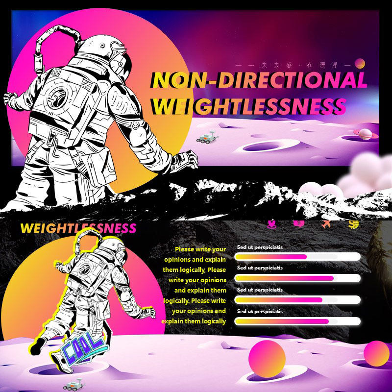 XY066宇宙PPT模版卡通黑红橙渐变失重感宇航员的黑洞创意汇报模版