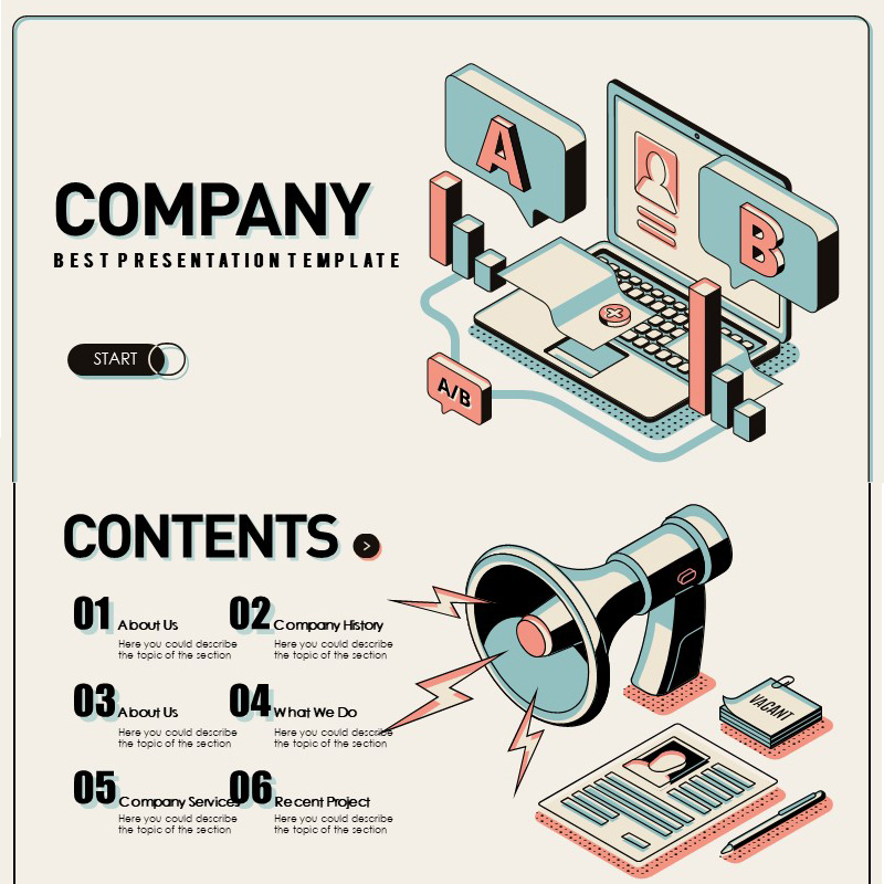 XY152复古插画PPT模版2.5D科技创意扁平智能数据品牌提案模版汇报