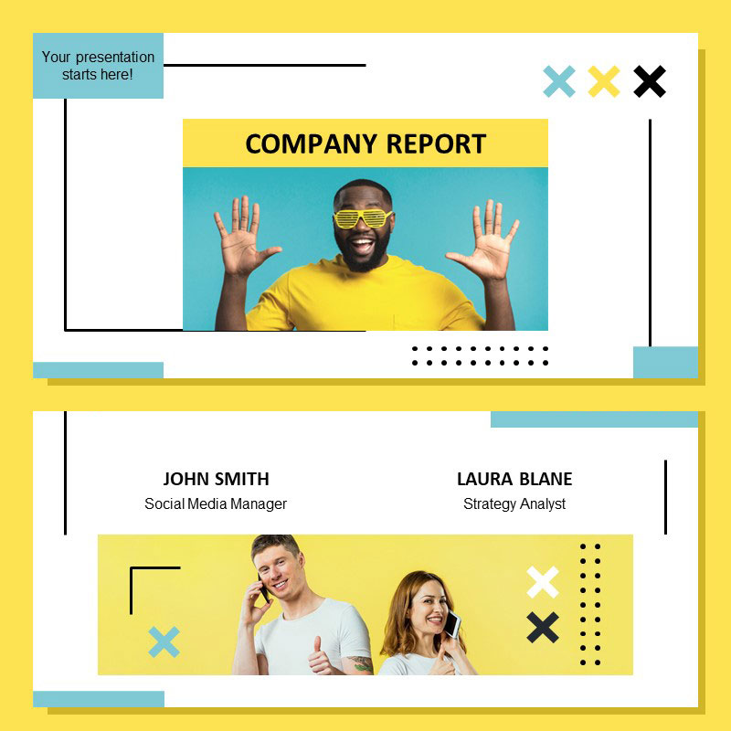 XY089公司汇报PPT模版黄色水绿色欧美风团队介绍年终总结提案模版