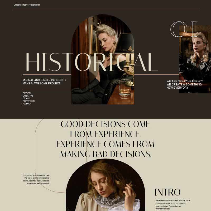 XY322欧式复古PPT模版棕色卡其色蒙太奇电影风格浪漫美学艺术汇报