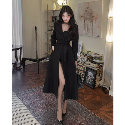 【冬日来信】黑色气质高级感中长款大衣女冬新款收腰显瘦毛呢外套