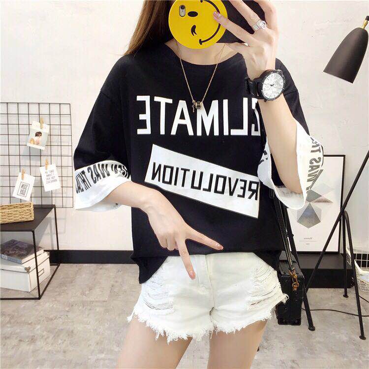 Short sleeve T-shirt for female students loose and versatile Korean summer girlfriends letter splicing crew neck 7-point sleeve women's top