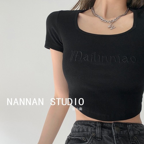 Thread cloth summer short sleeved T-shirt women's Korean version slim and thin exposed navel blouse