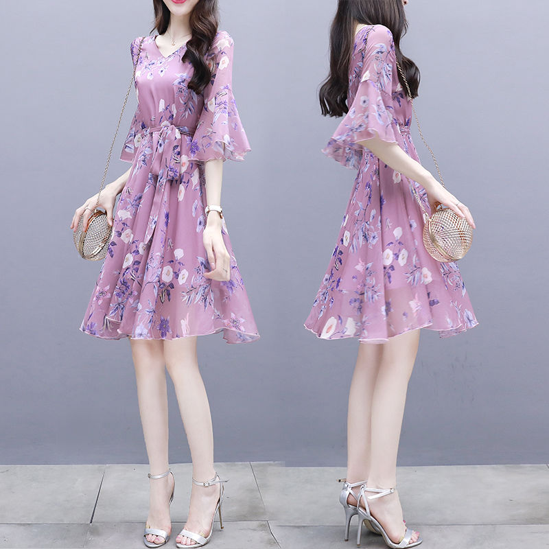 Summer new style women's dress slim and gentle wind skirt waist closing temperament medium length Floral Dress