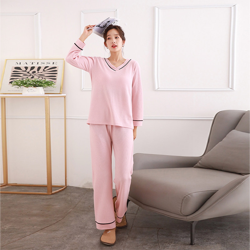 带胸垫睡衣女舒格棉新款春秋长袖长裤纯棉华夫格家居服套装可外穿