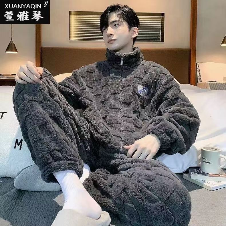 2025新款睡衣男士秋冬季加绒加厚长袖保暖珊瑚绒法兰绒家居服