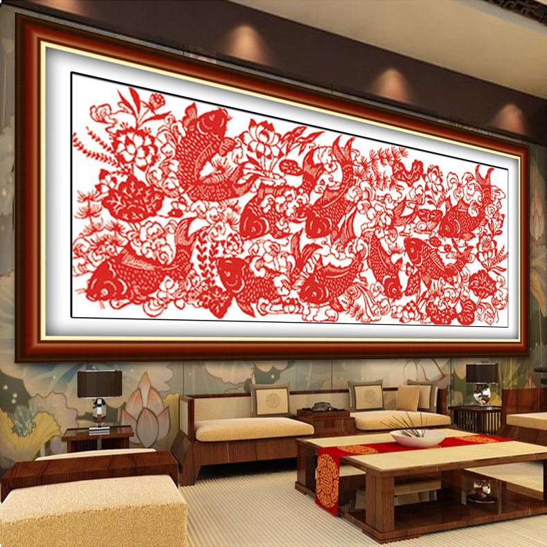 绣好的电脑机绣剪纸鱼九鱼图十字绣成品富贵有余剪纸画客厅装饰画